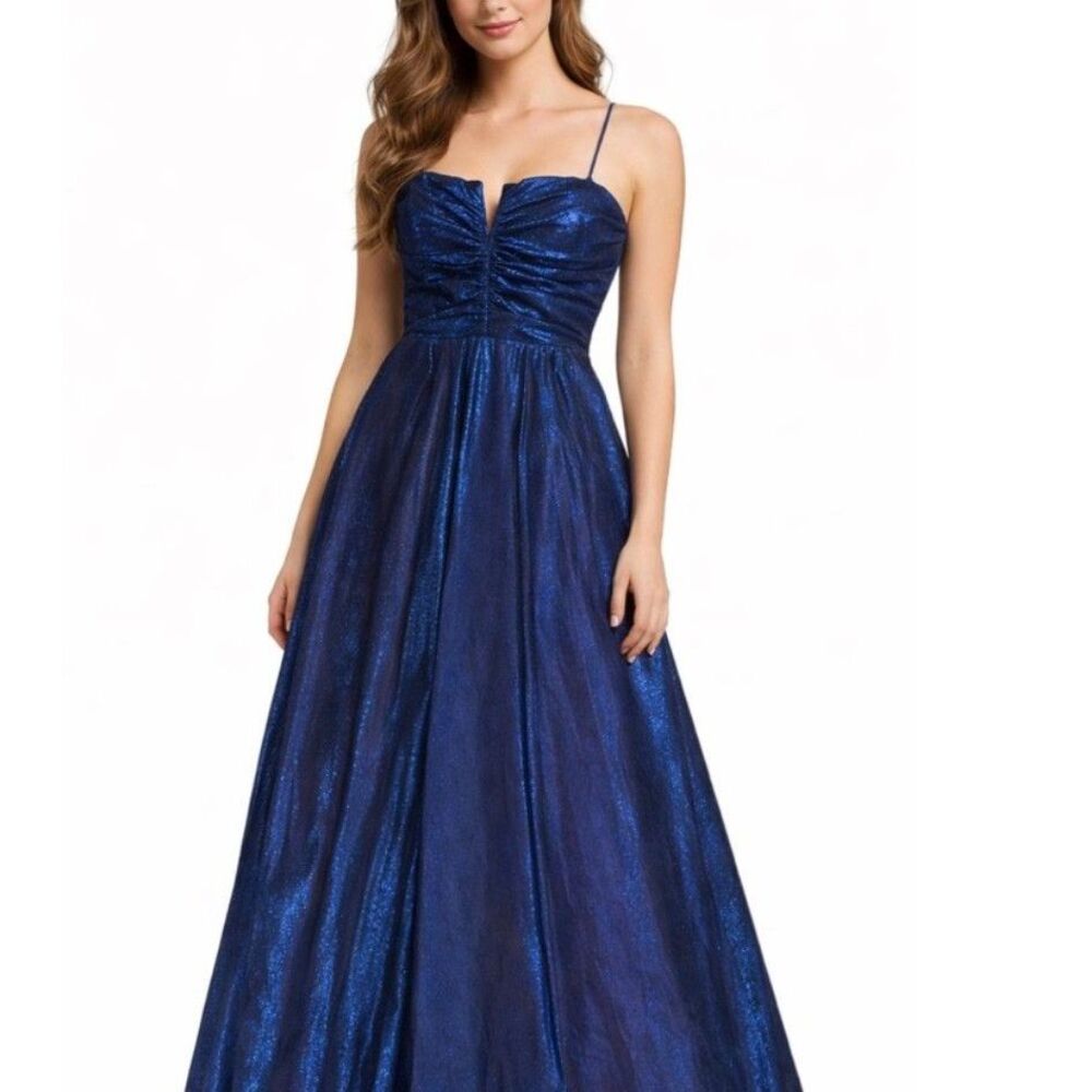 VTG 90s Flirtations Blue Metallic Sleeveless Fit & Flare Long Prom Dress Sz 7/8